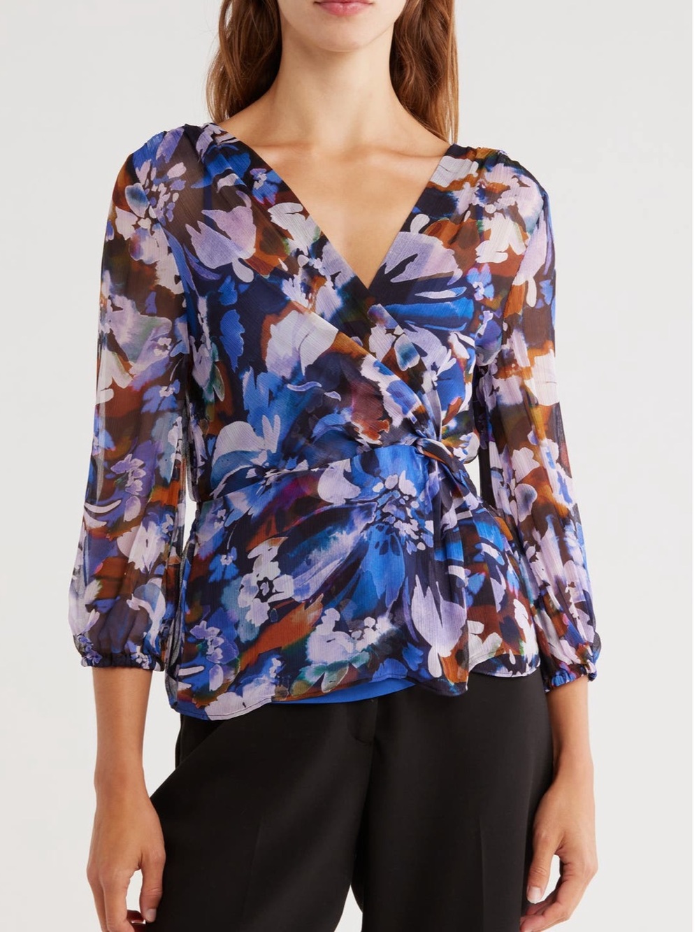 NWT Derek Lam 10 Crosby Blue Floral Michele Faux Wrap Blouse Size L
